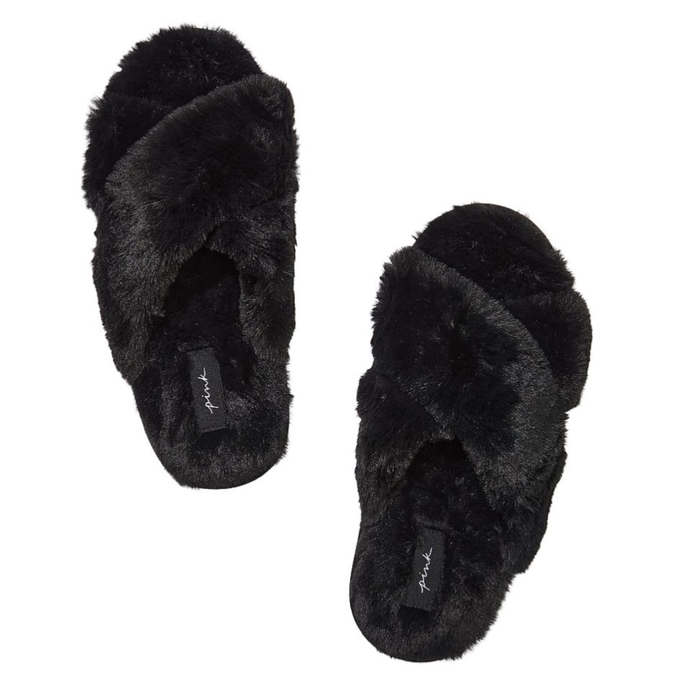 PINK • Victoria’s Secret Fuzzy Black Criss Cross Slippers